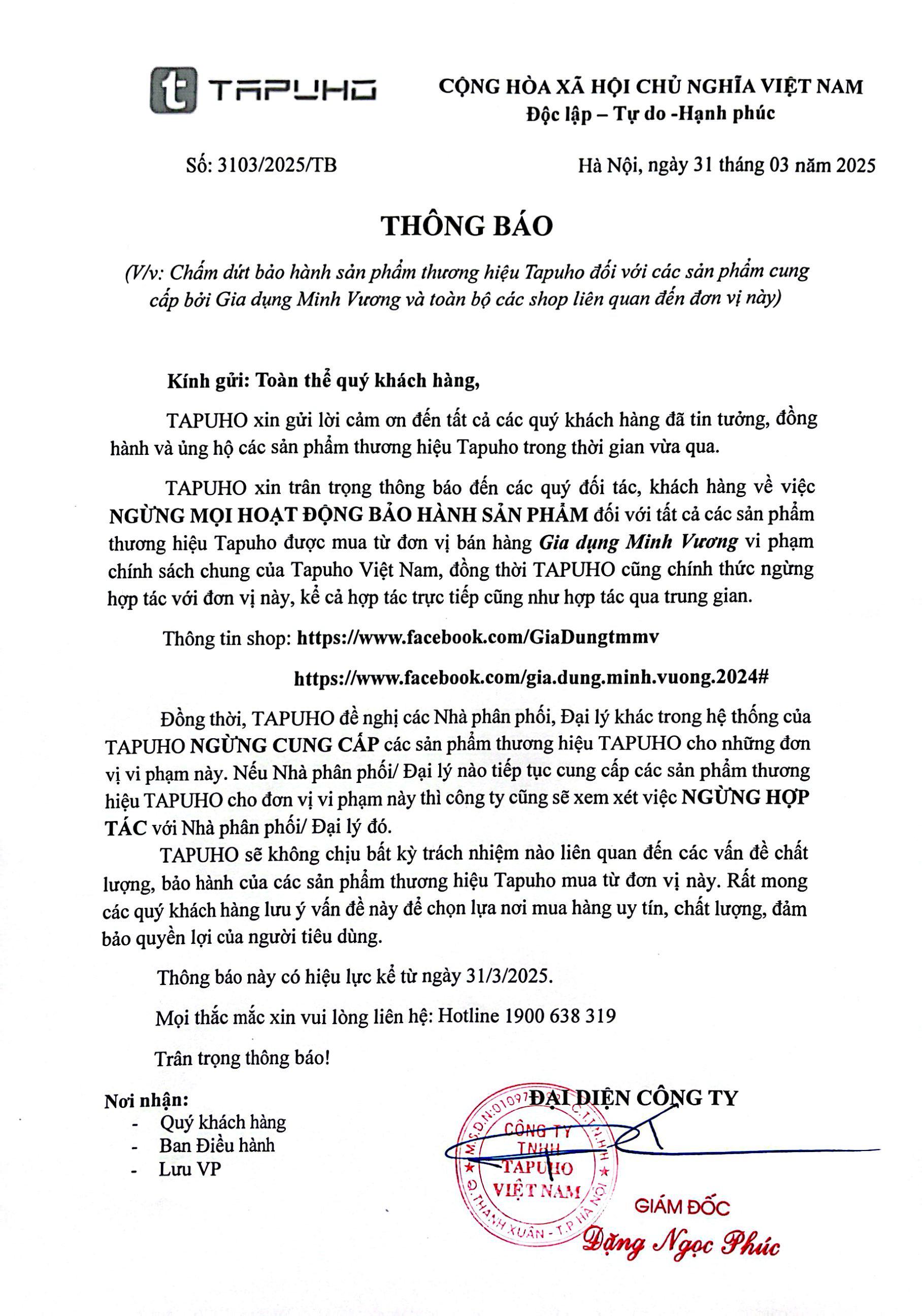 THÔNG BÁO - Chấm dứt bảo hành sản phẩm thương hiệu Tapuho đối với các sản phẩm cung cấp bởi Gia dụng Minh Vương và toàn bộ các shop liên quan đến đơn vị này.